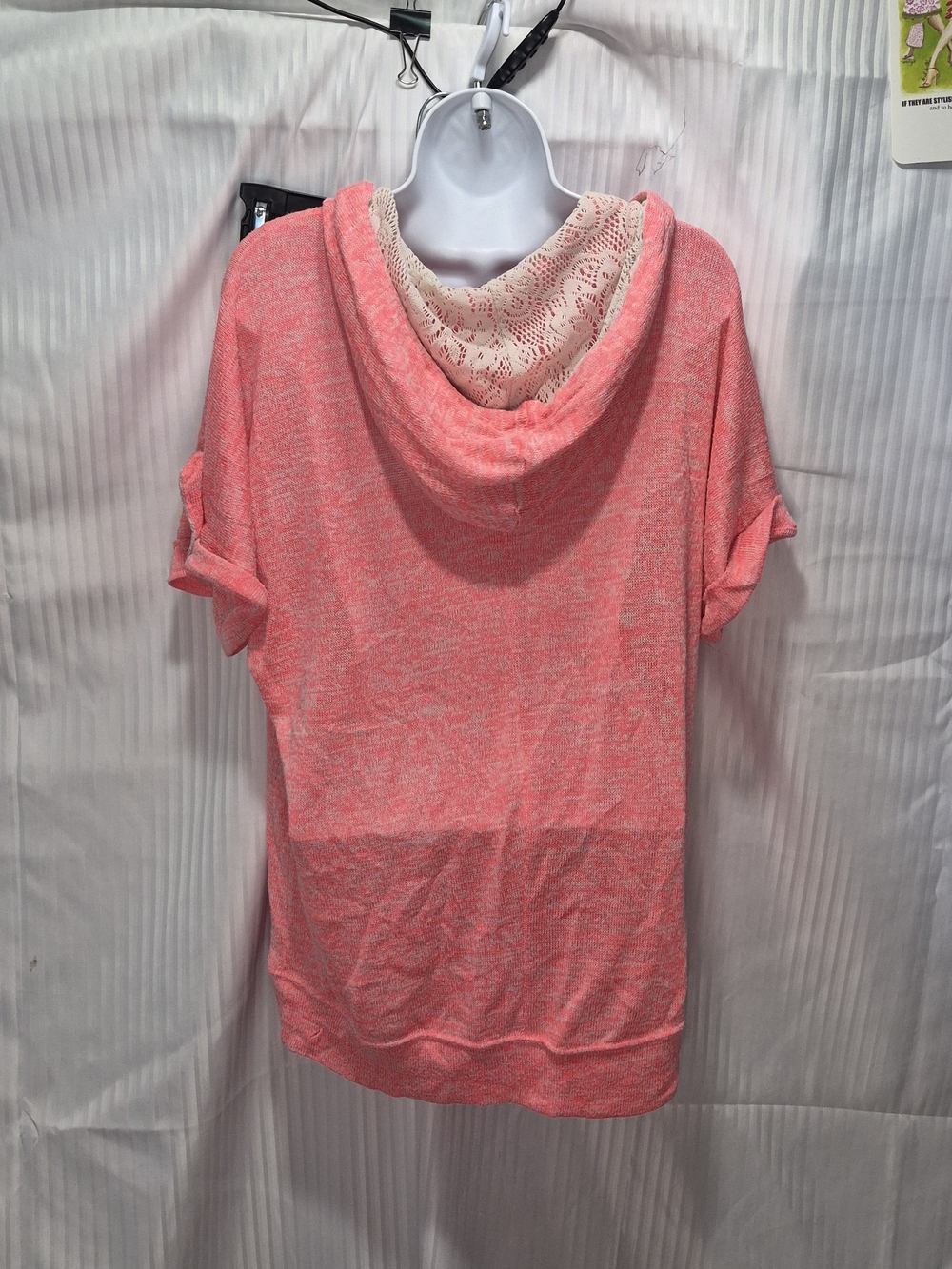 Miss Chievous Women's 2X Coral Short-Sleeve Hoodie with Cream Lace Applique - Picture 5 of 7